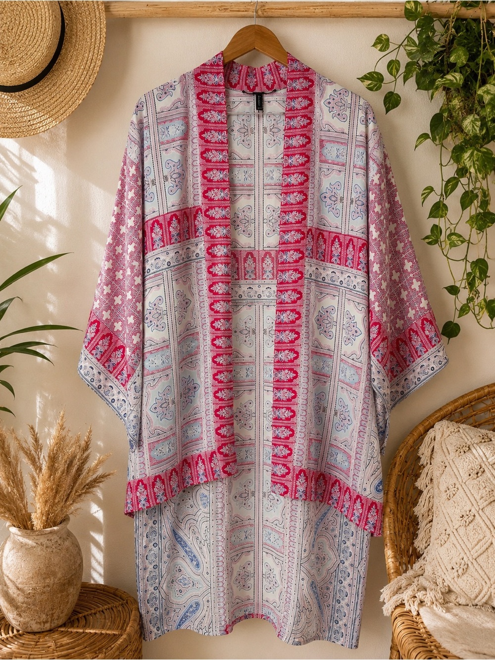 BCBGMaxAzria Pink and White Printed Open Kimono Duster XS/S